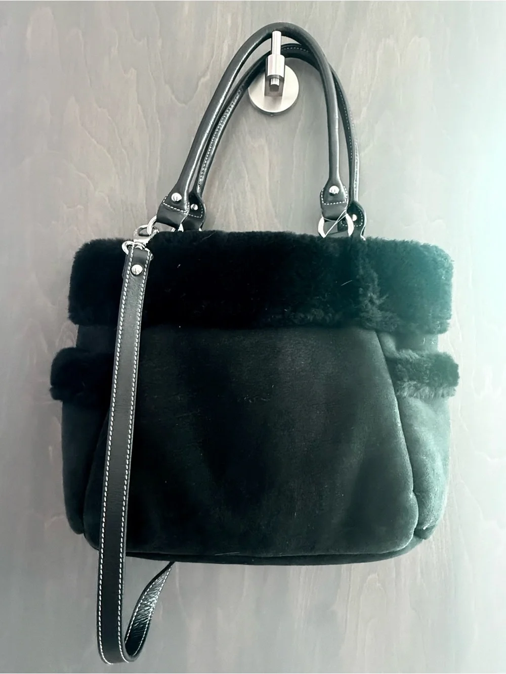 Aqua Madonna Black Genuine Shearing Tote with Shoulder Strap